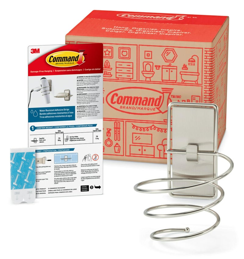 Command Hair Dryer Holder, Satin Nickel, 1-Holder, 2-Water-Resistant Strips, Organize Damage-Free - Image 1