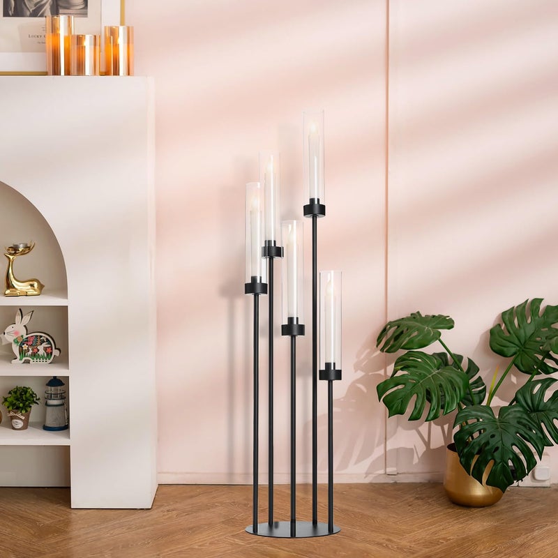 Fullvaseer 39.8''Matte Black Candle Holder with Acrylic Shades Tall 5 Arm Candelabra Black Table Centerpiece for Wedding Living Dining Room Fireplace Decoration Fit 0.98''LED Taper Candle - Image 5