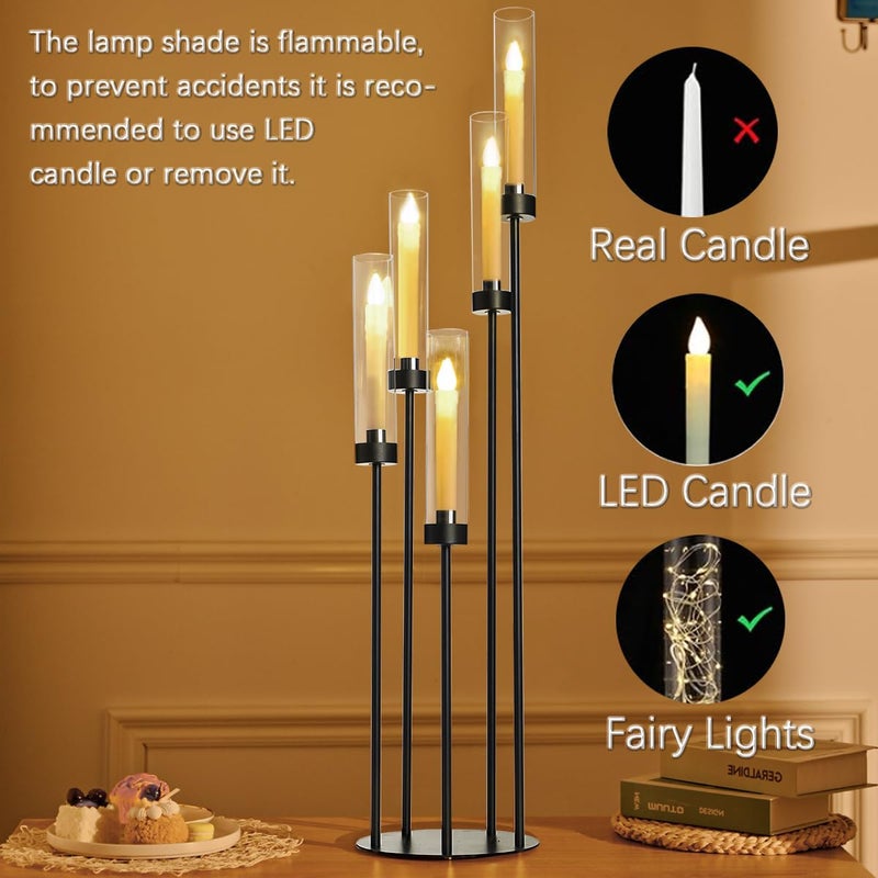 Fullvaseer 39.8''Matte Black Candle Holder with Acrylic Shades Tall 5 Arm Candelabra Black Table Centerpiece for Wedding Living Dining Room Fireplace Decoration Fit 0.98''LED Taper Candle - Image 4