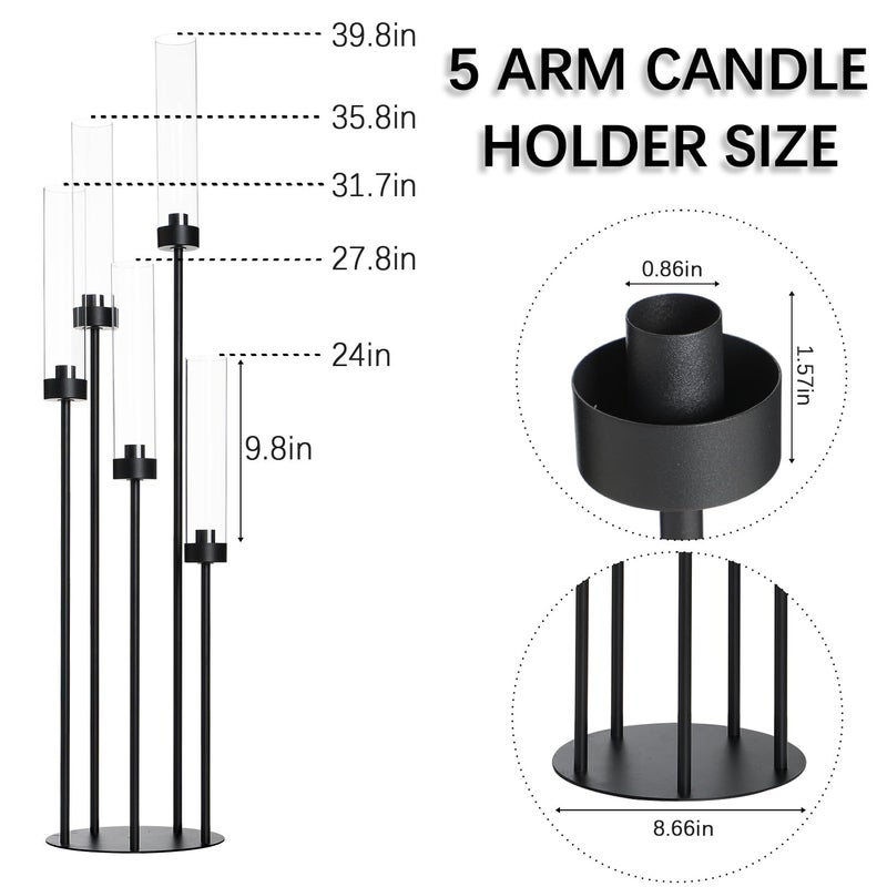 Fullvaseer 39.8''Matte Black Candle Holder with Acrylic Shades Tall 5 Arm Candelabra Black Table Centerpiece for Wedding Living Dining Room Fireplace Decoration Fit 0.98''LED Taper Candle - Image 2