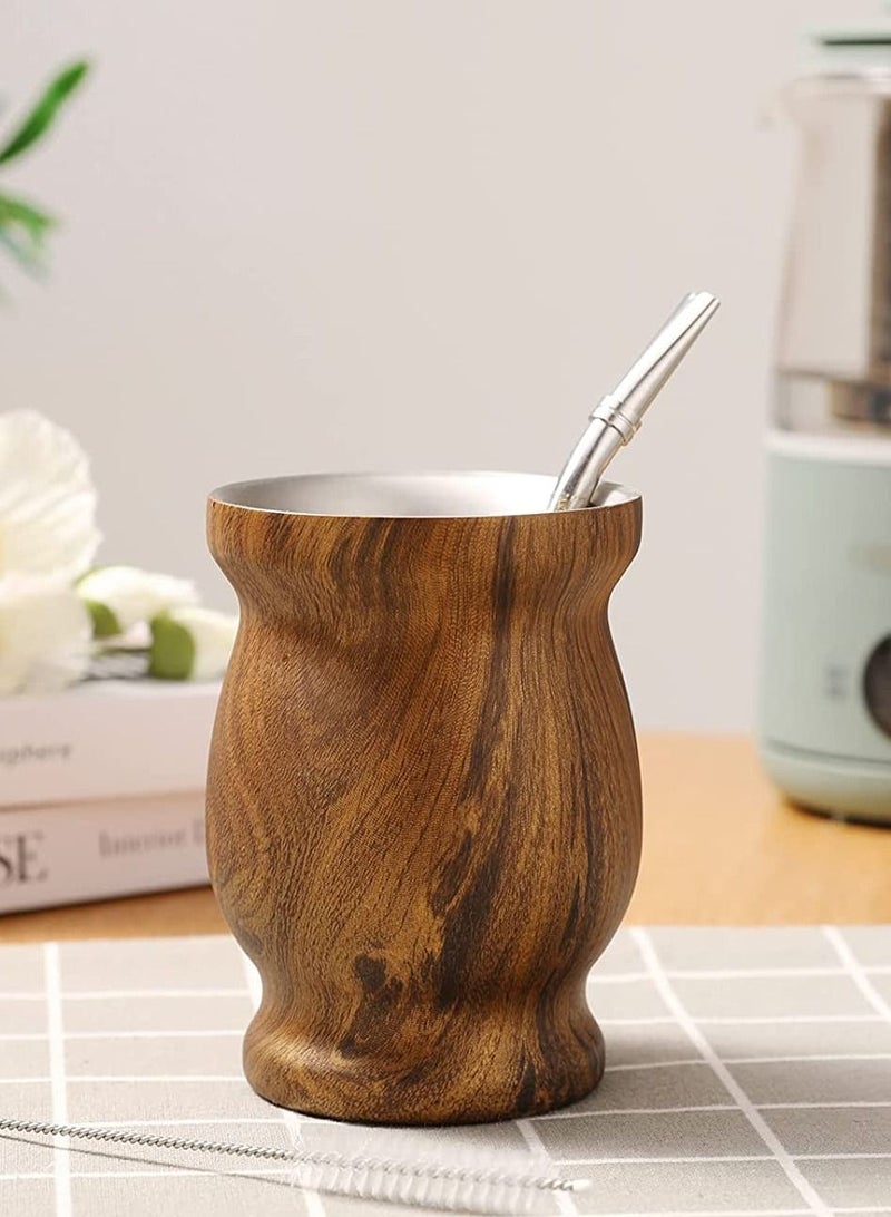 Excefore Yerba Mate Tea Cup 230ml Wood Grain Color Stainless Steel Double Walled Easy Wash Household Insulation Cup Mate Gourds for Yerba Mate Loose Leaf Drinking with Bombilla Straw - Image 1