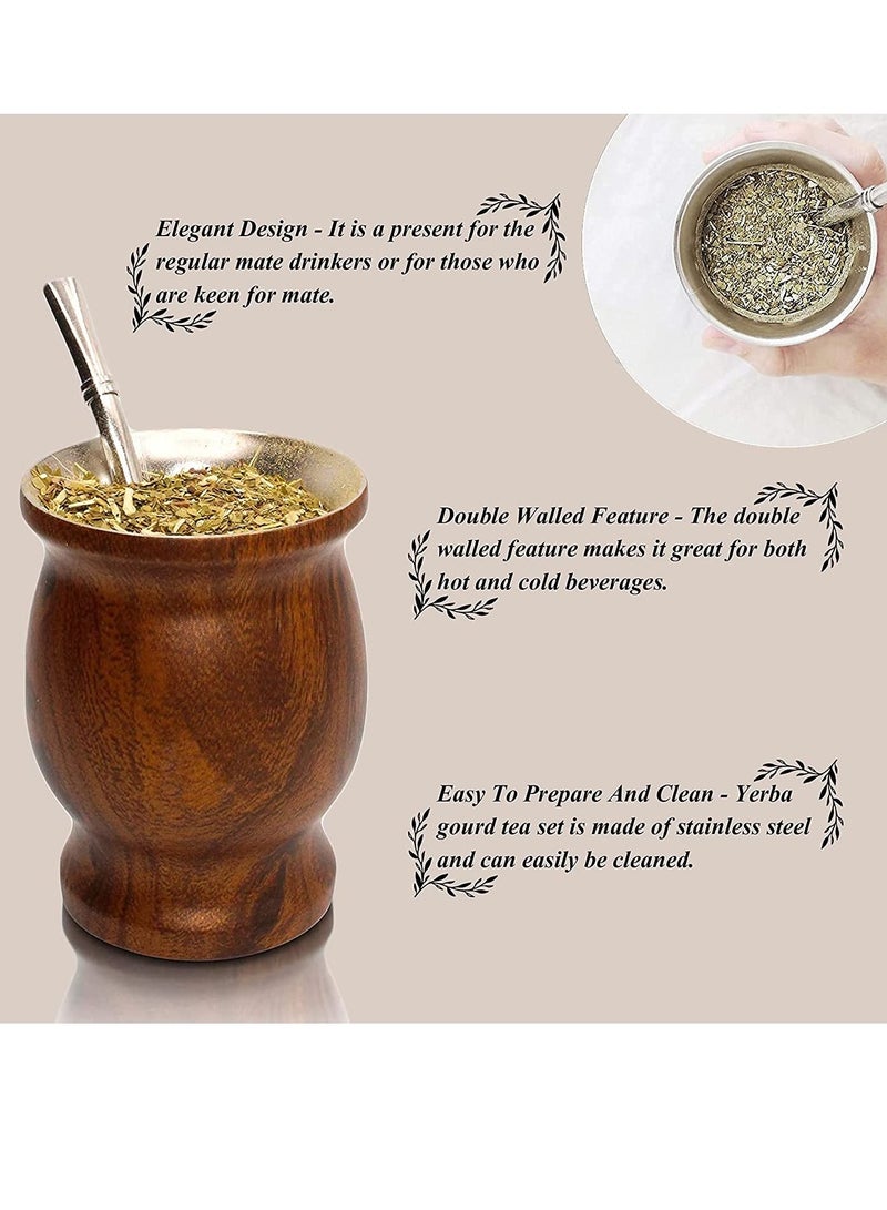 Excefore Yerba Mate Tea Cup 230ml Wood Grain Color Stainless Steel Double Walled Easy Wash Household Insulation Cup Mate Gourds for Yerba Mate Loose Leaf Drinking with Bombilla Straw - Image 3