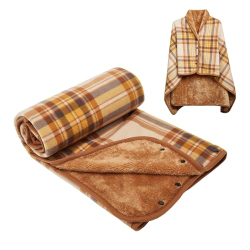 forestfish Fleece Wearable Blanket, Plaid Lap Blanket Comfy Poncho Throw with Buttons for Bed Sofa Office, Yellow - Image 1