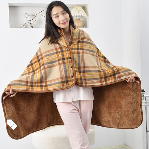forestfish Fleece Wearable Blanket, Plaid Lap Blanket Comfy Poncho Throw with Buttons for Bed Sofa Office, Yellow - Image 3