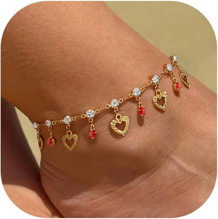 U7 Women Girls Barefoot Jewelry 18K Gold or Rose Gold Stainless Steel Heart/Rope/Figaro/Cuban Chain Anklet Foot Bracelet, 25-30 CM Long - Image 1