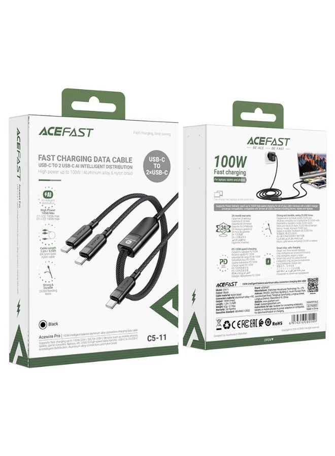 أسيفاست كابل شحن وبيانات C5-11 USB-C، كابل 2 في 1 (2 USBC)، شحن سريع 100 وات PD، كابل مضفر من النايلون المتين بطول 1.2 متر - أسود - Image 5