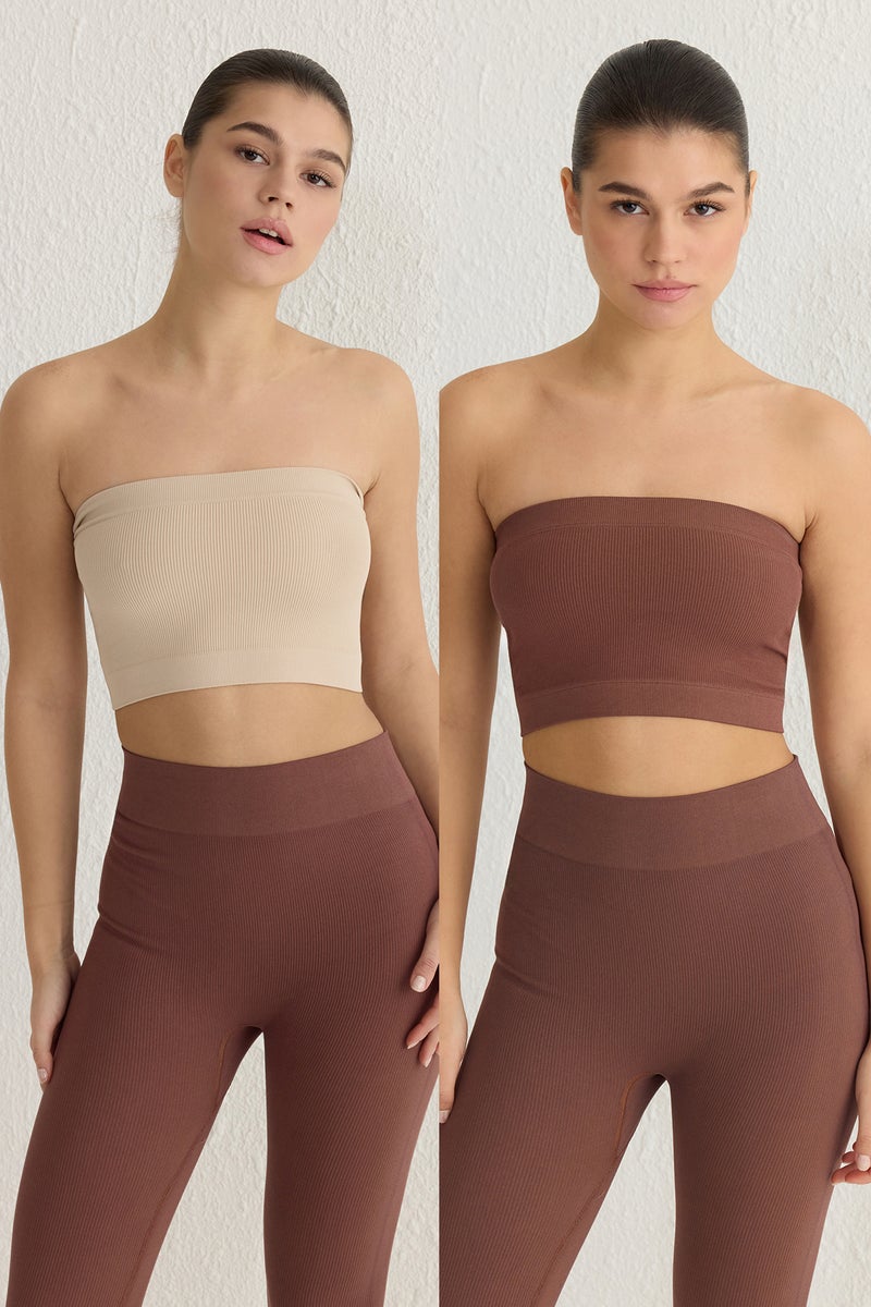 trendyol Stone-Brown 2-Pack Seamless/Seamless Ribbed Strapless Knitted Sports Bra Twoss21Ss0061 - Image 1