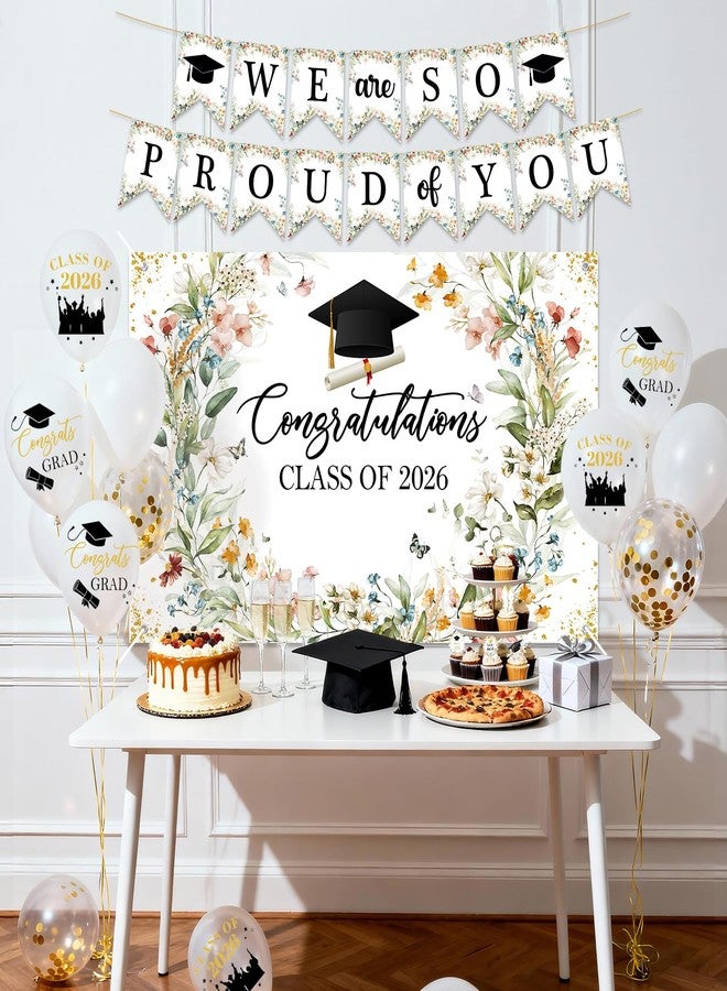 Lecheme Graduation Party Decorations Wildflower Class of 2026 Backdrop We Are So Proud of You Banner Cupcake Toppers Balloons Spring Congrats Grad Party Supplies for High School Colloege - Image 2