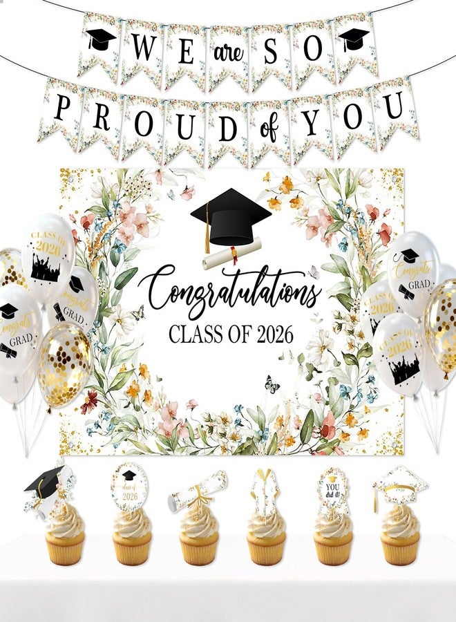 Lecheme Graduation Party Decorations Wildflower Class of 2026 Backdrop We Are So Proud of You Banner Cupcake Toppers Balloons Spring Congrats Grad Party Supplies for High School Colloege - Image 1