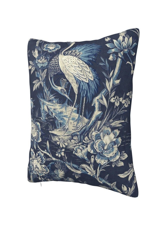 BZKIER Chinoiserie Pillow Cover Cushion Cover Navy Blue Crane Florals Throw Pillow Covers 16x16 Inch Asian Linen Pillow Covers for Sofa Car Living Room Bedroom Outdoor Home Decor Pillow Cases - Image 3
