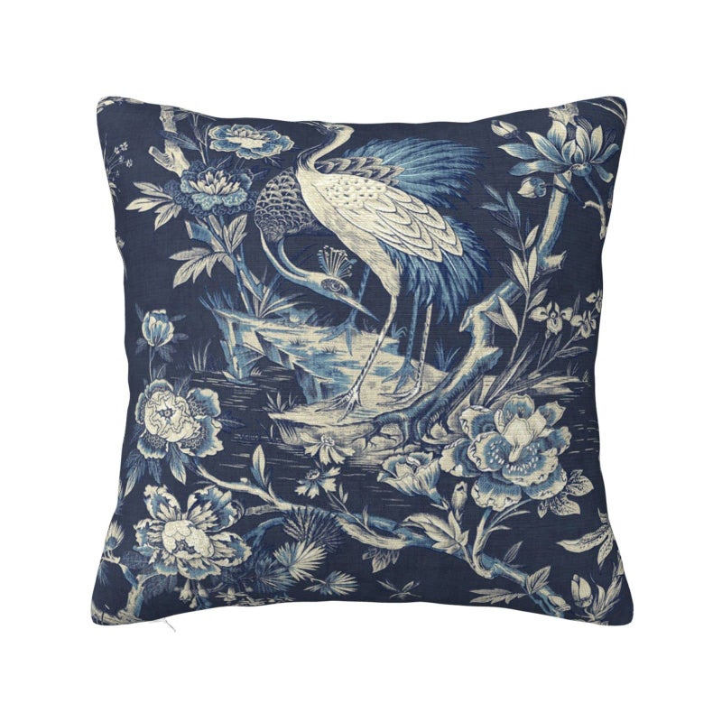 BZKIER Chinoiserie Pillow Cover Cushion Cover Navy Blue Crane Florals Throw Pillow Covers 16x16 Inch Asian Linen Pillow Covers for Sofa Car Living Room Bedroom Outdoor Home Decor Pillow Cases - Image 1