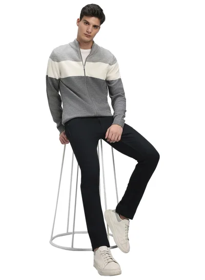 Dennis Lingo Men's Light Grey Mel 100% Acrylic Colourblocked Regular Fit Sweater