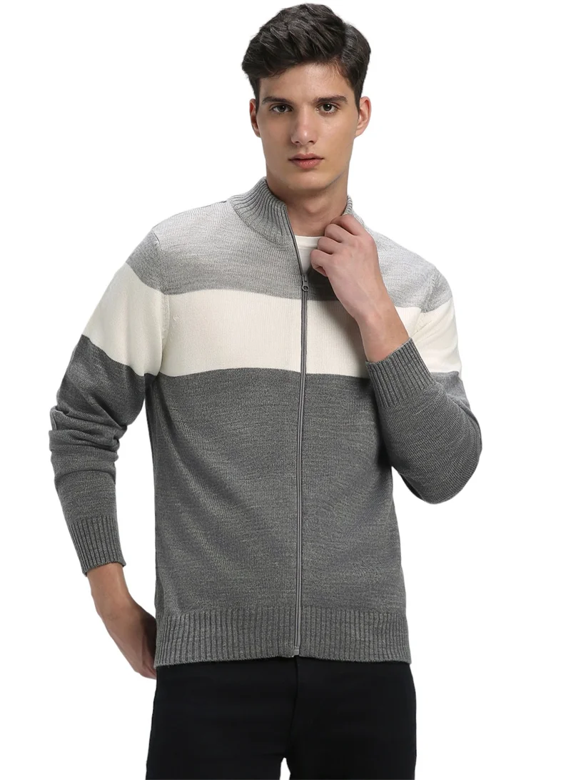 Dennis Lingo Men's Light Grey Mel 100% Acrylic Colourblocked Regular Fit Sweater