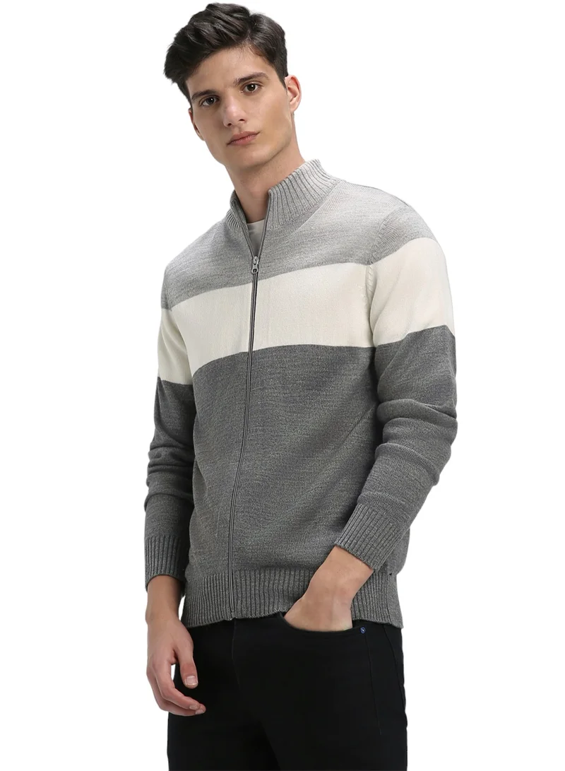 Dennis Lingo Men's Light Grey Mel 100% Acrylic Colourblocked Regular Fit Sweater