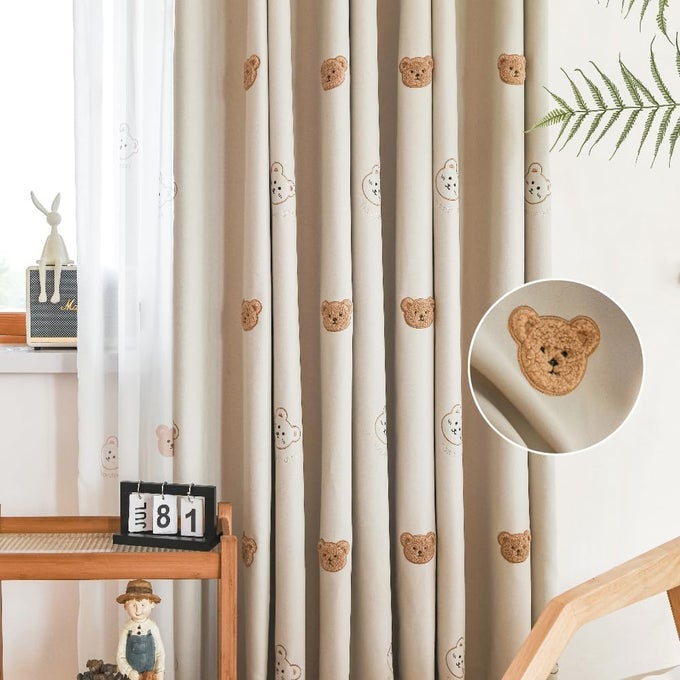 CARTOON BEARS KIDS BLACKOUT CURTAINS FOR BABYS BEDOOM LIVING ROOM GROMMET TOP BEIGE EMBROIDERY 3D BEAR DARKENING CURTAIN FOR NURSERY BABY ROOM 1 PANEL W52 L84 INCHBEIGE