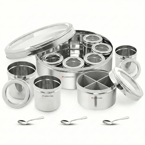 Human Hydro 12-in-1 Stainless Steel Masala Dabba | Spice Box with Partitioned Middle Container & 3 Spoons | See-Through Lid | Masala Container for Kitchen (22 cm, Silver) - Image 1