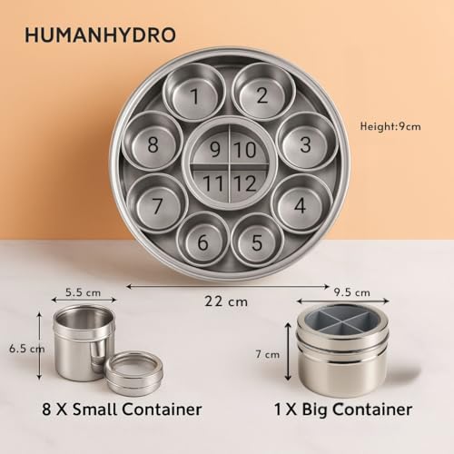 Human Hydro 12-in-1 Stainless Steel Masala Dabba | Spice Box with Partitioned Middle Container & 3 Spoons | See-Through Lid | Masala Container for Kitchen (22 cm, Silver) - Image 3
