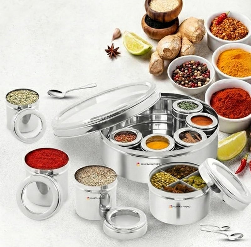 Human Hydro 12-in-1 Stainless Steel Masala Dabba | Spice Box with Partitioned Middle Container & 3 Spoons | See-Through Lid | Masala Container for Kitchen (22 cm, Silver) - Image 4