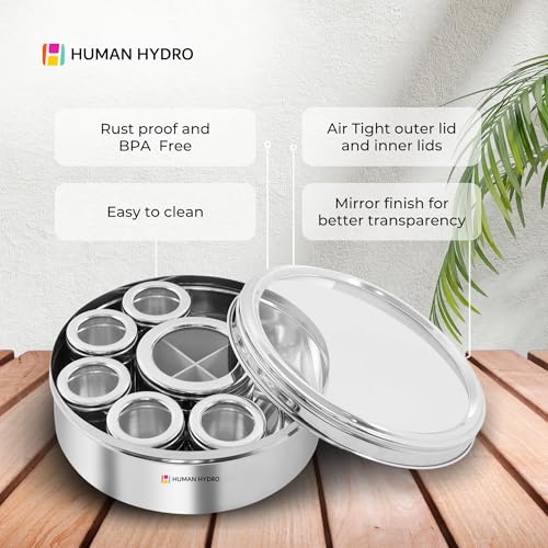 Human Hydro 12-in-1 Stainless Steel Masala Dabba | Spice Box with Partitioned Middle Container & 3 Spoons | See-Through Lid | Masala Container for Kitchen (22 cm, Silver) - Image 5