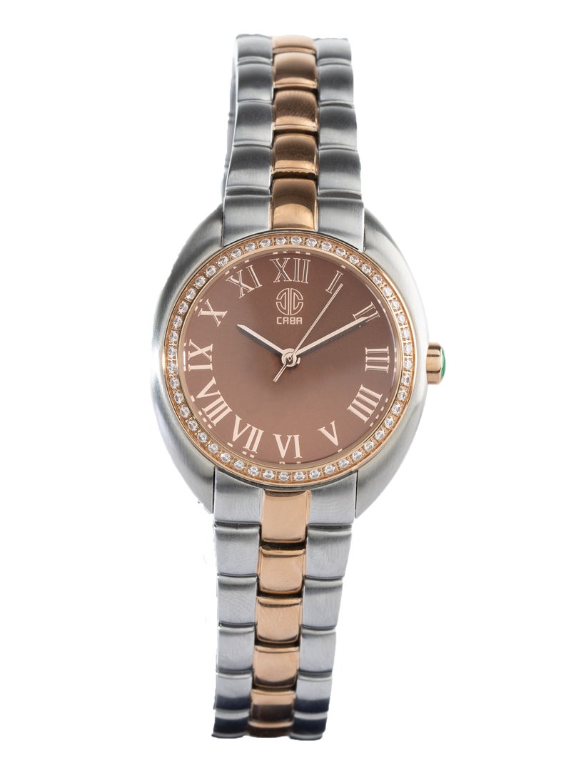 CABA Women's Watch, Studded With Zircon Stones, Roman Numbers With Brown Dial, Stainless Steel Bracelet, Waterproof, Silver&Copper - 3106889SL-1 - Image 1