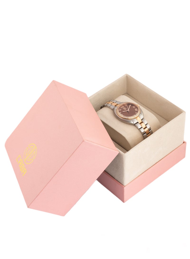 CABA Women's Watch, Studded With Zircon Stones, Roman Numbers With Brown Dial, Stainless Steel Bracelet, Waterproof, Silver&Copper - 3106889SL-1 - Image 2