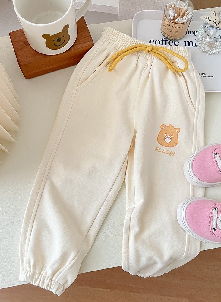 Loquat Girls Bear Pattern Print Sweatpants Elastic Waist Sport Pants Athletic Jogger Pants Apricot 