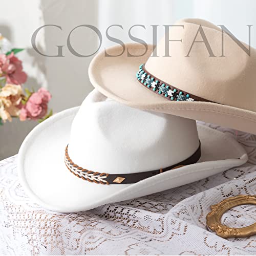 Gossifan Western Cowboy & Cowgirl Hat Felt Wide Brim Women Men Fedora Hats-Beige - Image 5