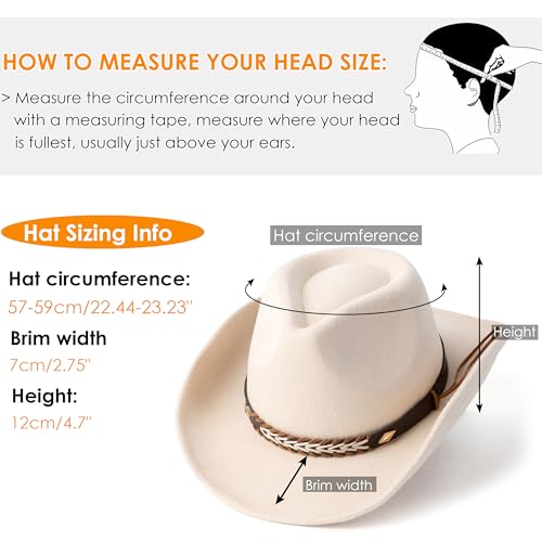 Gossifan Western Cowboy & Cowgirl Hat Felt Wide Brim Women Men Fedora Hats-Beige - Image 3
