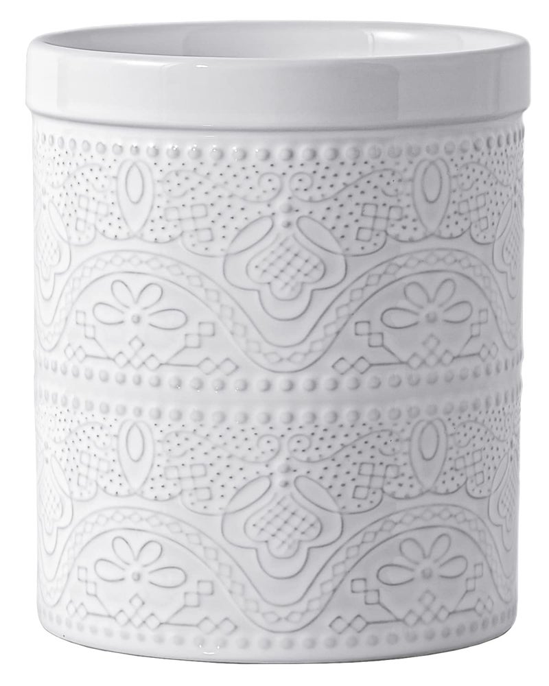 FUN ELEMENTS Kitchen Utensil Holder 72 Super Large Utensil Crock Heavy and Stable Lace Emboss Ceramic Utensil Holder for Kitchen Counter Bright White