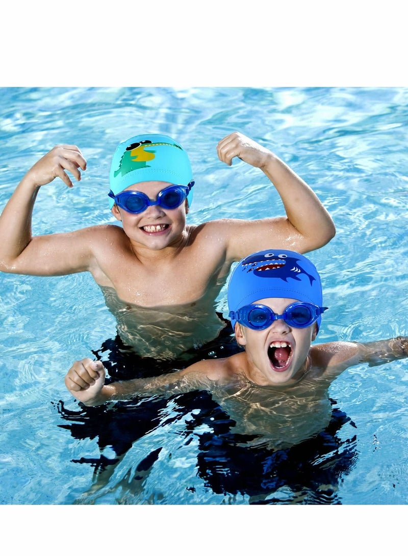 Y&D Kids Swimming Caps, Hat, 3 Pieces Waterproof PU Hats Elastic Bathing Cap with Coating Cartoon Pattern for Children Girls Boys, Age 6-12 - Image 2