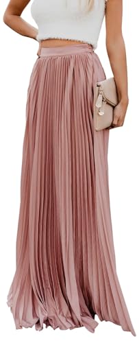 ebossy Women's High Waist Flowy Pleated Chiffon Maxi Skirt (X-Large, Pink) - Image 1