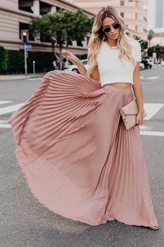 ebossy Women's High Waist Flowy Pleated Chiffon Maxi Skirt (X-Large, Pink) - Image 4