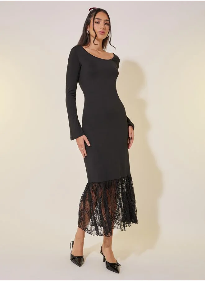 ستايلي Solid Lace Trim Round Neck Long Sleeve Midi Dress