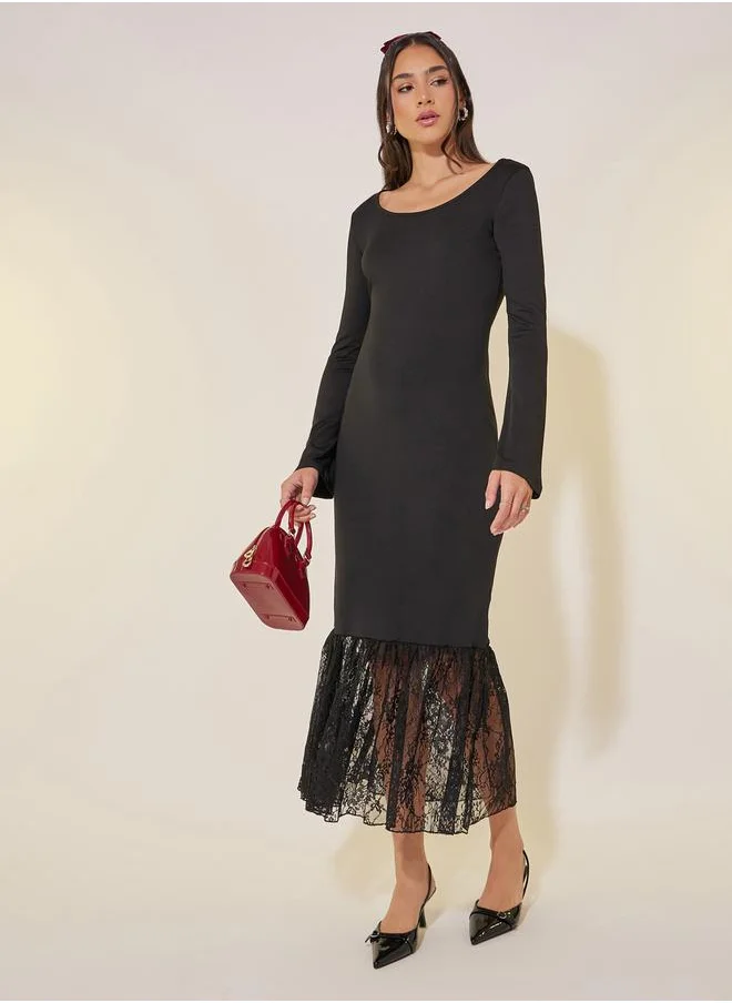 ستايلي Solid Lace Trim Round Neck Long Sleeve Midi Dress