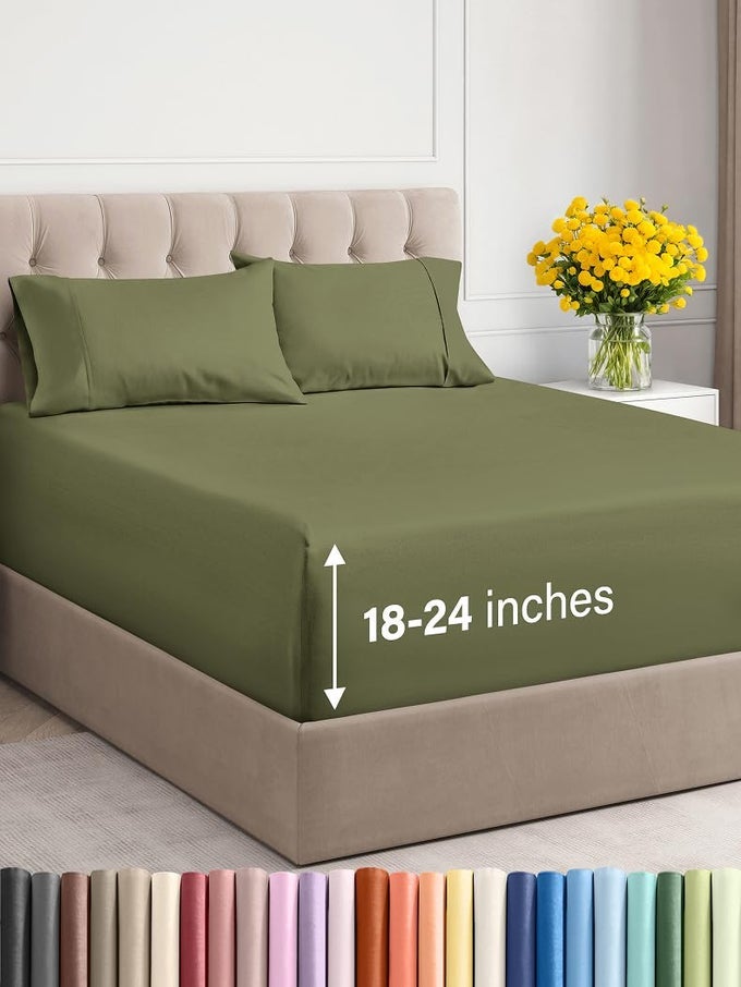 EXTRA DEEP TWIN XL SHEET SET 4 PIECE BREATHABLE AND COOLING SHEETS HOTEL LUXURY BED SHEETS SET EASY FIT SOFT WRINKLE FREE AND COMFY SHEETS SET SAGE GREEN SHEET SET WITH EXTRA DEEP POCKETS