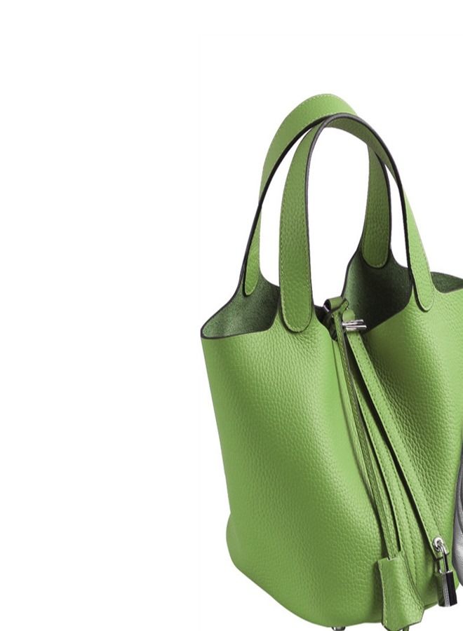 Loquat Litchi Grain Top Layer Cow Skin Bucket Bag Avocado Green  - Image 2