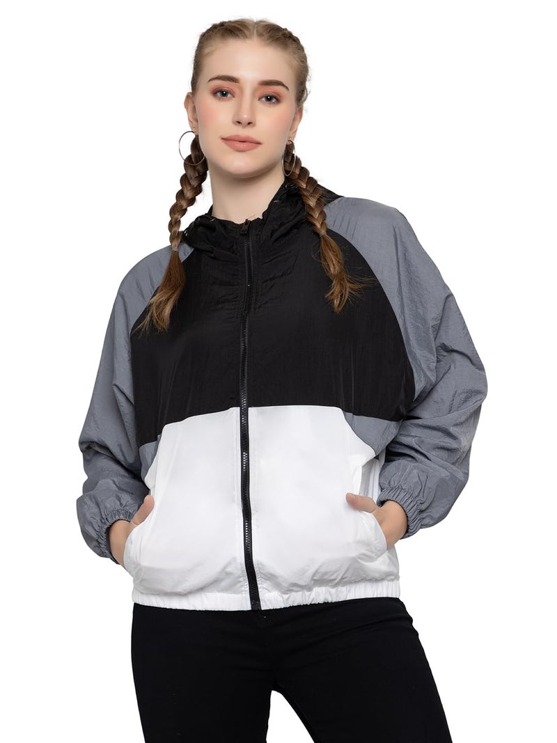 CHKOKKO Womens Stylish Oversized Windcheater Jacket with Zip Closure Lightweight Sportswear for Running Travel Hiking Outdoor and Rainy Season Wear BlackWhiteGrey XXL - Image 1