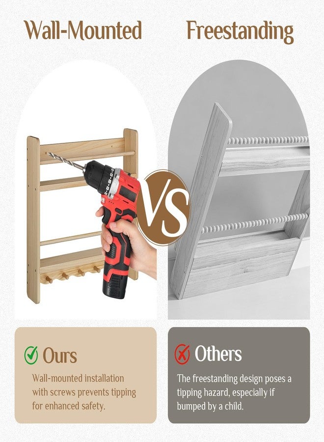Walasis Large Nursey Bookshelf for Wall: 23.6inch 2-Tier Floating Book Shelves for Kids Toddlers Bedroom Solid Pine Wood Storage Organizer with Ledge Hooks Bar (Natural) - Image 3
