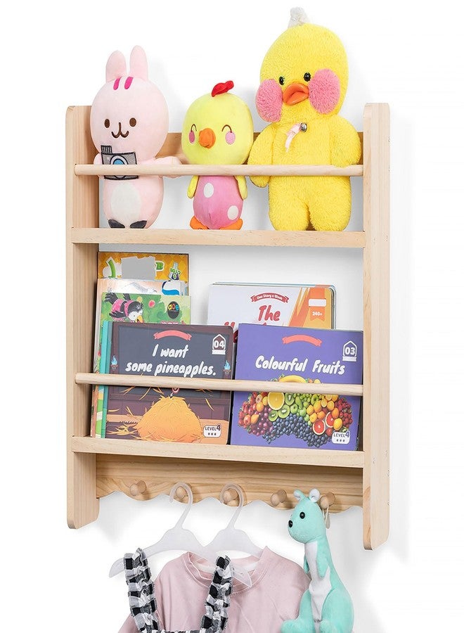 Walasis Large Nursey Bookshelf for Wall: 23.6inch 2-Tier Floating Book Shelves for Kids Toddlers Bedroom Solid Pine Wood Storage Organizer with Ledge Hooks Bar (Natural) - Image 1