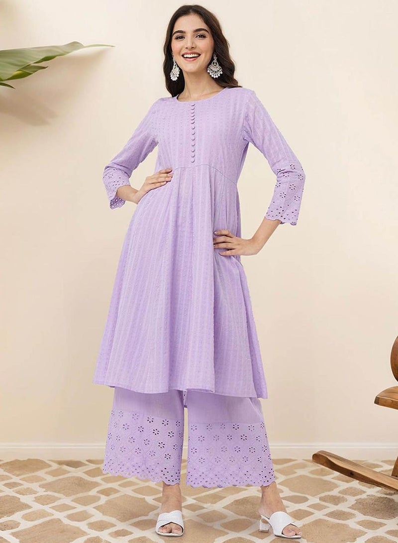 ISHIN Women's Lilac 100% Cotton Embellished Regular Fit Kurta Set - Image 1