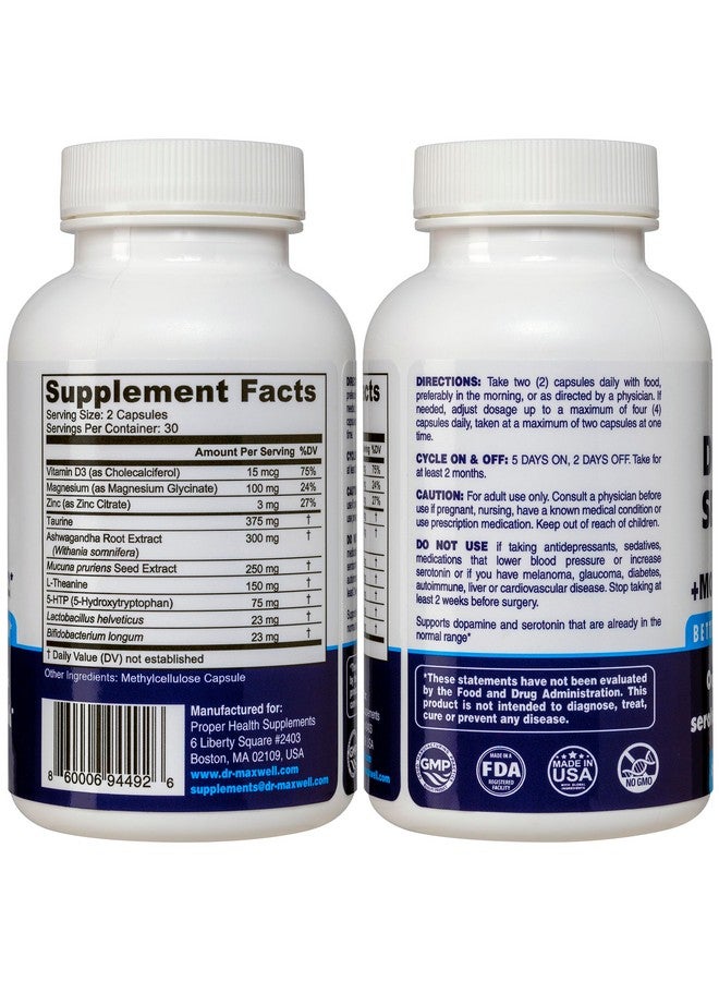 Dr. Maxwell Serotonin and Dopamine Supplements with Mood Probiotic, 5in1 Support for (1) Dopamine (2) Serotonin (3) Mood (4) Relaxation (5) Focus & Brain, 60 Capsules - Image 1