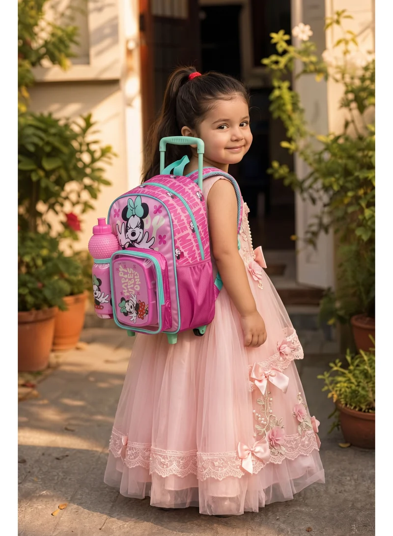 ديزني Disney Minnie Mouse Toddler 3-in-1 Trolley Set 13" – Official Minnie Mouse Rolling Backpack with Water Bottle & Lunch Box, Wheeled Preschool School Bag Set for Kids | Girls School Bag