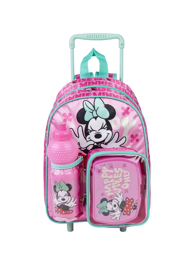 ديزني Disney Minnie Mouse Toddler 3-in-1 Trolley Set 13" – Official Minnie Mouse Rolling Backpack with Water Bottle & Lunch Box, Wheeled Preschool School Bag Set for Kids | Girls School Bag