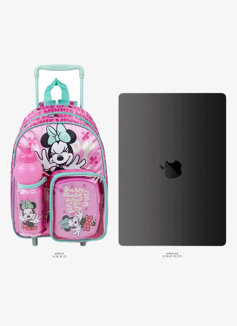 ديزني Disney Minnie Mouse Toddler 3-in-1 Trolley Set 13" – Official Minnie Mouse Rolling Backpack with Water Bottle & Lunch Box, Wheeled Preschool School Bag Set for Kids | Girls School Bag