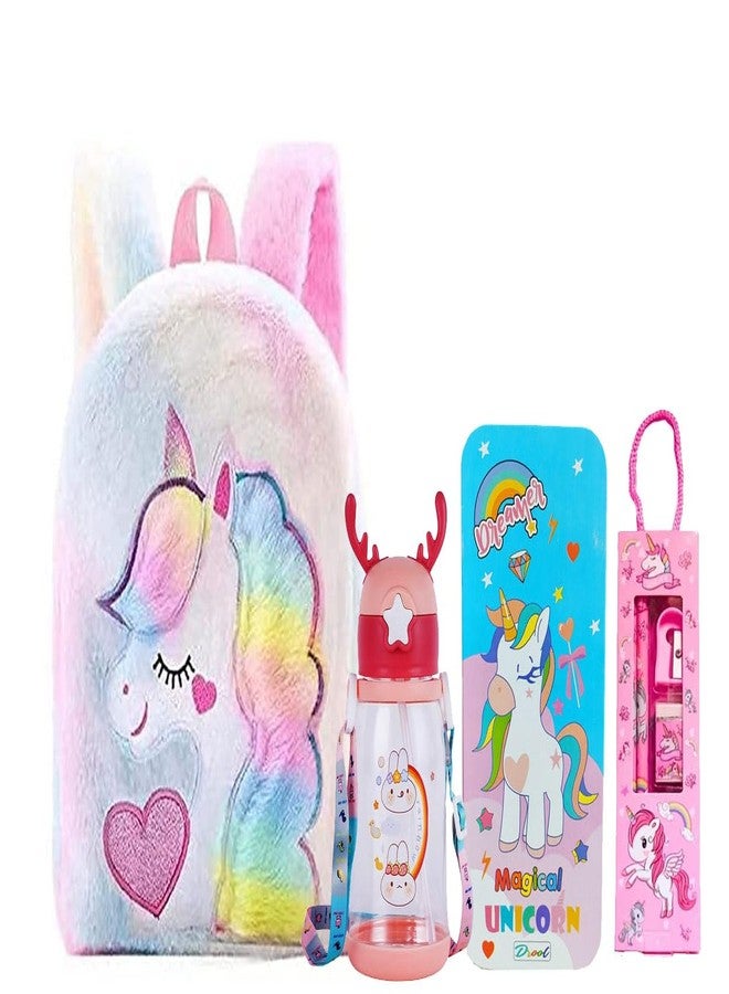 Neel Unicorn Fur Bag with Unicorn Geometric Box, Bottle, Pencil Set for Girls Birthday Gifts for Kids (Set of 4) Party Favor Return Gift School Bag with Stationery - Image 1