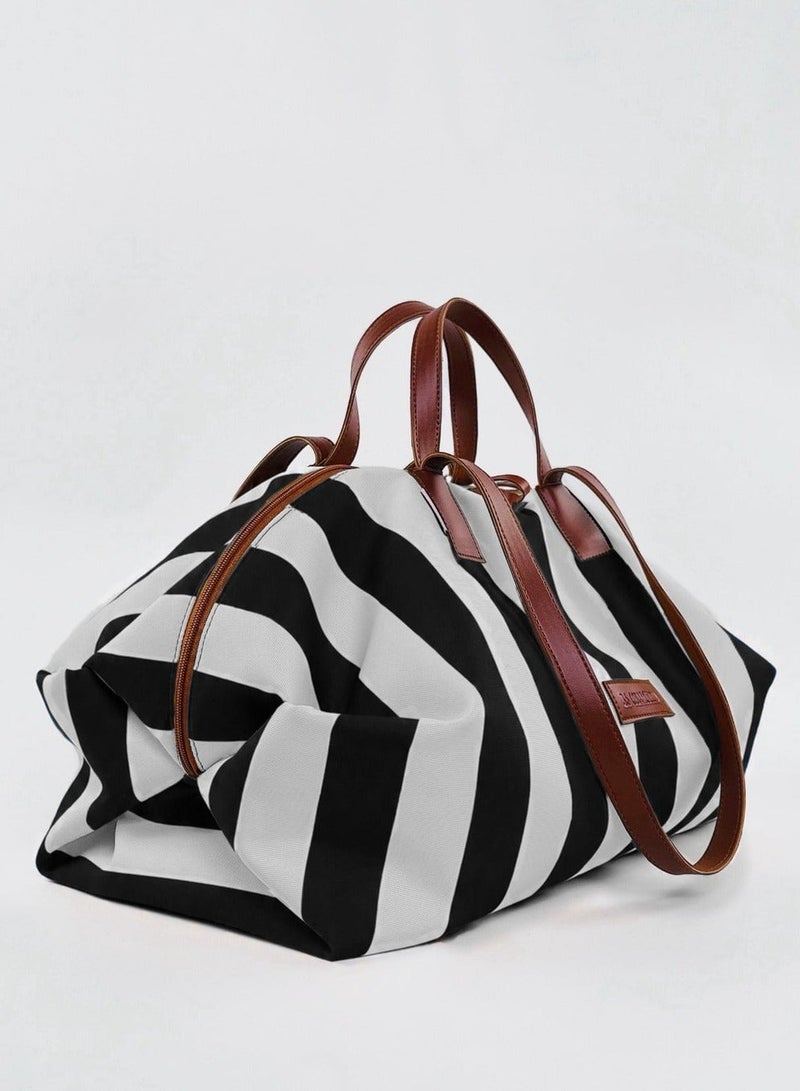 B.S COLLECTION Women's Striped Fabric Handbag with Leather Handles – Large Tote Bag for Beach, Travel & Shopping Black - Image 2