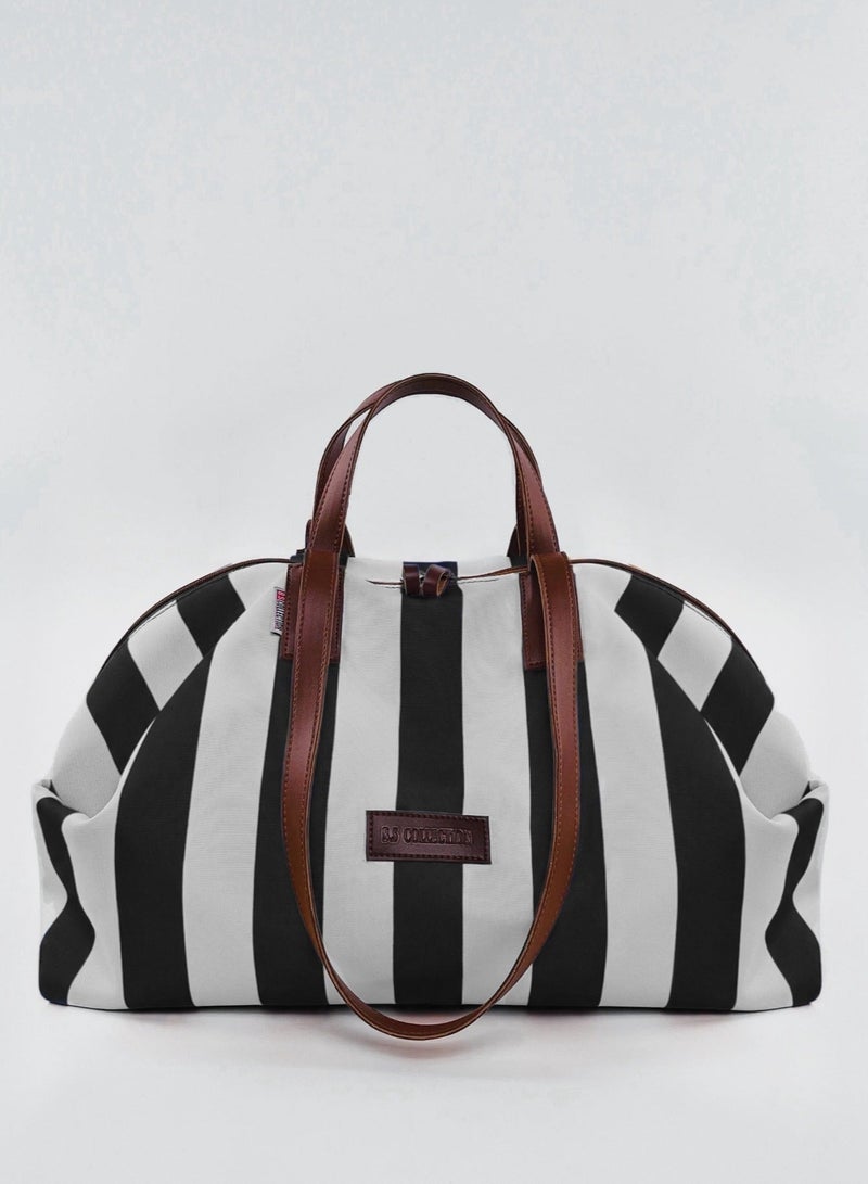 B.S COLLECTION Women's Striped Fabric Handbag with Leather Handles – Large Tote Bag for Beach, Travel & Shopping Black - Image 1