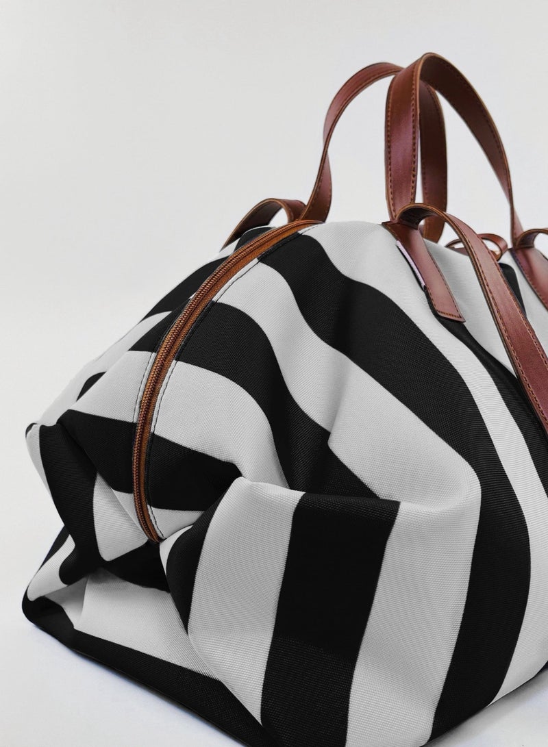 B.S COLLECTION Women's Striped Fabric Handbag with Leather Handles – Large Tote Bag for Beach, Travel & Shopping Black - Image 3