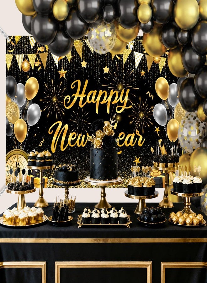 Mocsicka Happy New Year 2026 Banner Backdrop Black and Gold New Years Eve Decorations Party Banner Supplies 70.8 x 43.3 Inch - Image 3