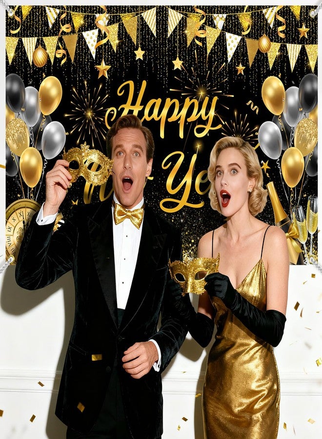 Mocsicka Happy New Year 2026 Banner Backdrop Black and Gold New Years Eve Decorations Party Banner Supplies 70.8 x 43.3 Inch - Image 2
